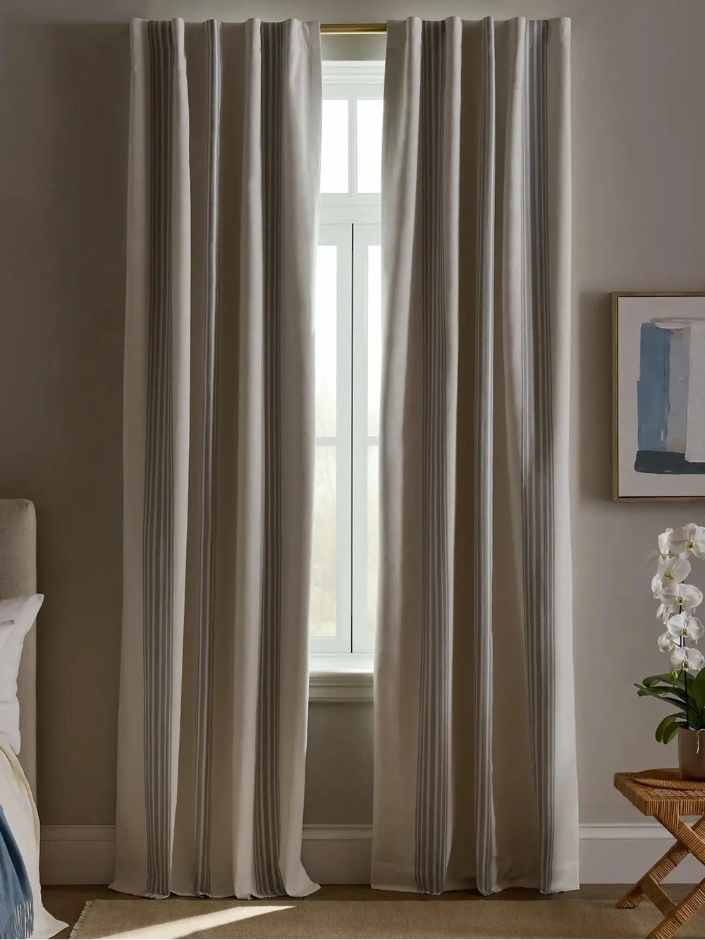 QUINCE Set Of 2 48x84 Coastal Stripe Linen Cotton True Blackout Curtains 9198